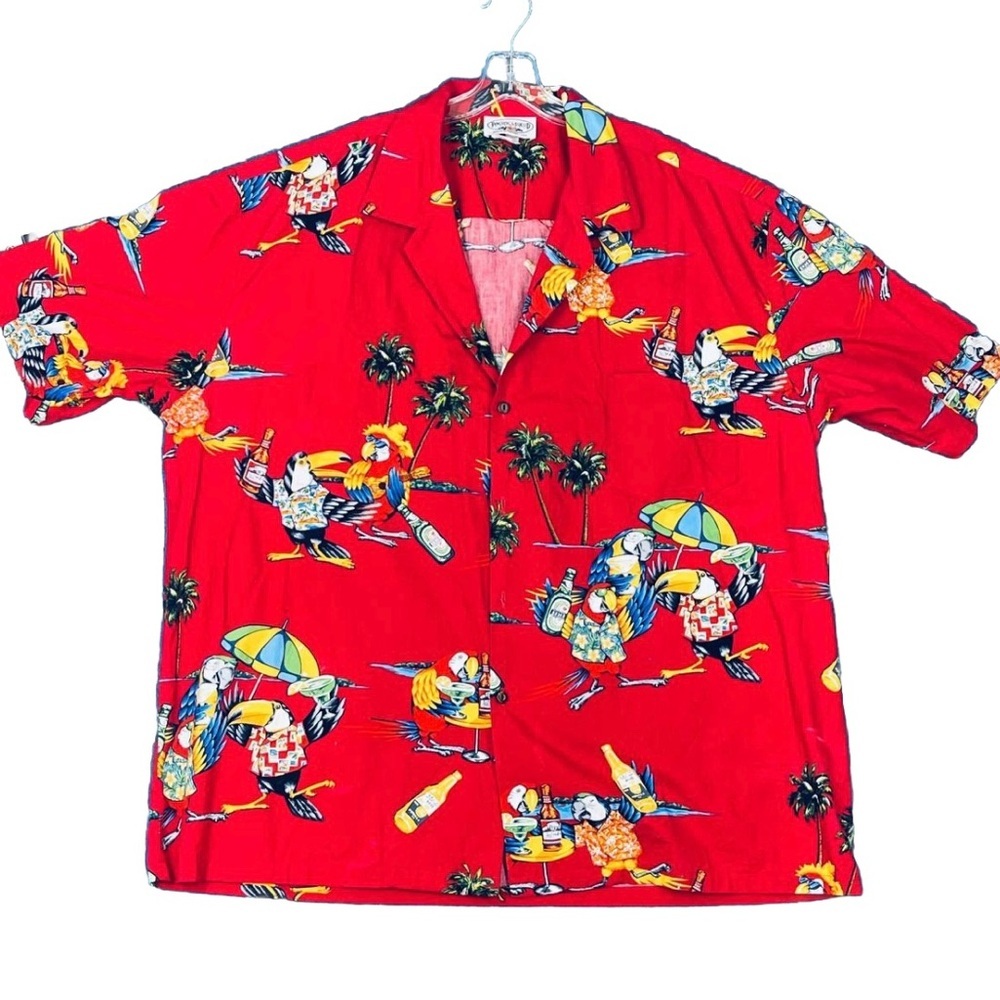 Pacific Legend Partying Parrots Hawaiian Button Up Shirt  Aloha Beer‎ Birds 2XL